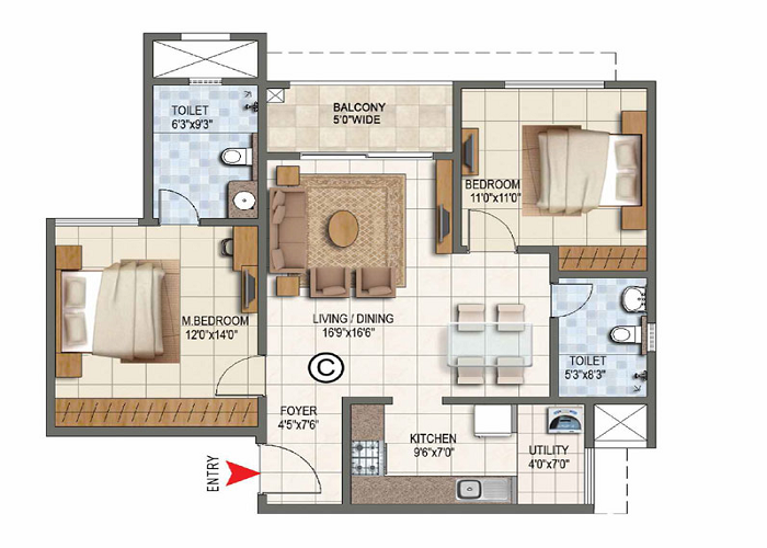 Prestige Roshanara 2 BHK Floor Plan