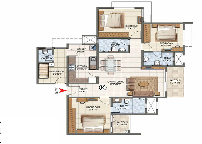 Prestige Roshanara 3 BHK Floor Plan